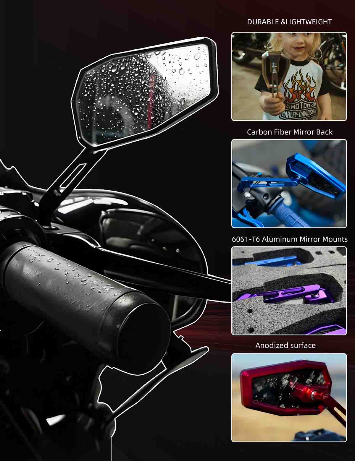 Motorcycle Rear View Mirror Carbon Fiber | Aluminum |120° Adjustable Lightweight | Harley Davidson Universal Model - Image 4