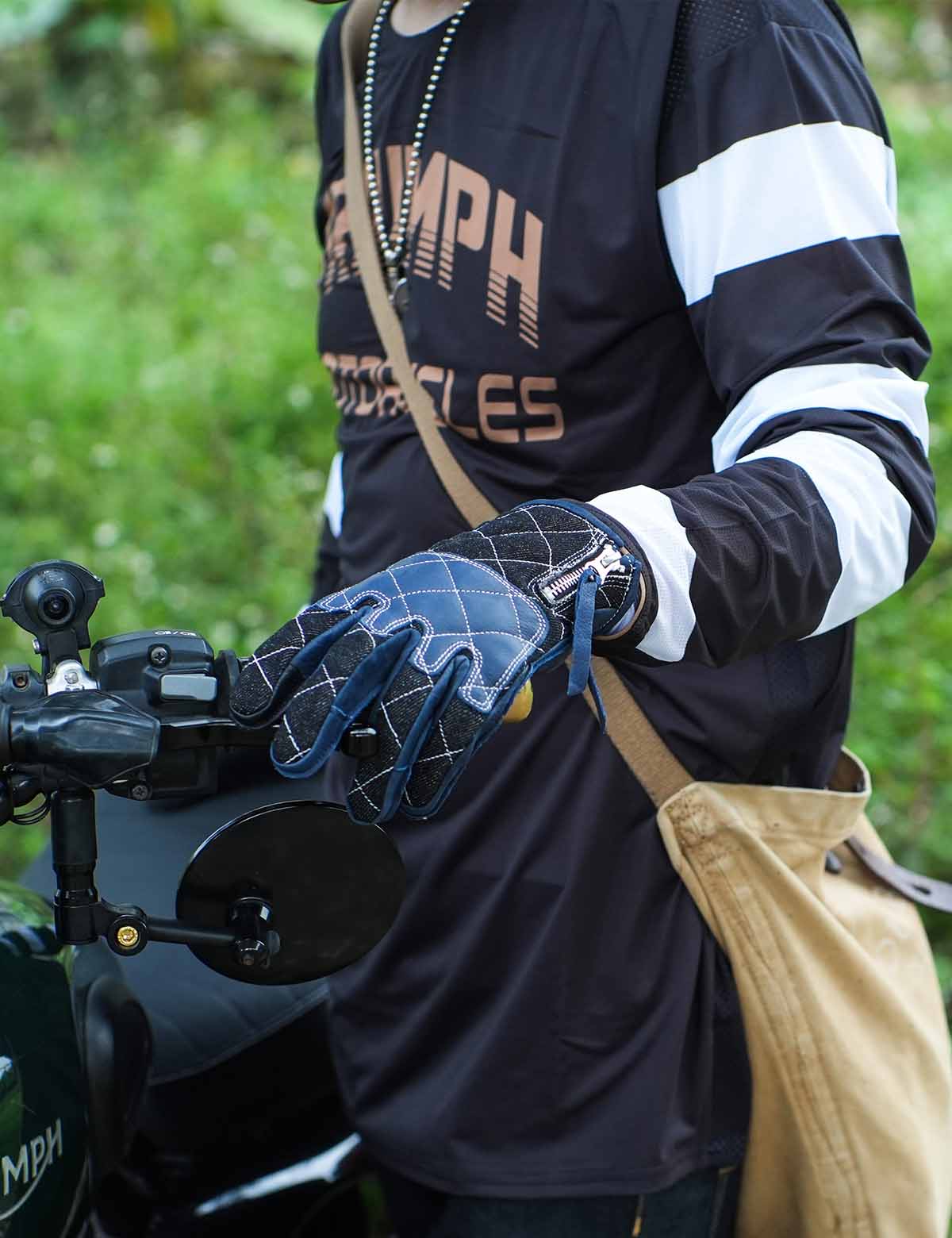 Retro Denim Style Deerskin Motorcycle Gloves | Touchscreen Shockproof for Men Women - Image 3