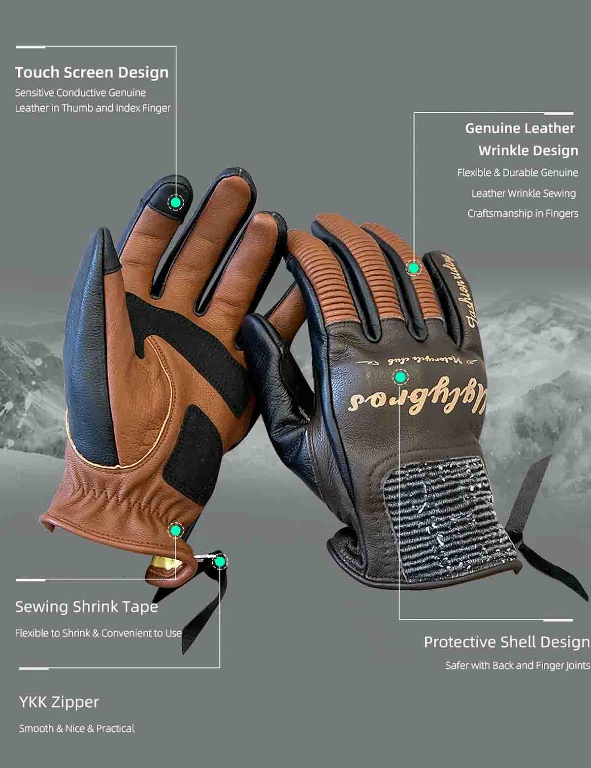 Spring Fall Goatskin Motorcycle Gloves | Hard Knuckles YKK Zipper Touchscreen - Image 2