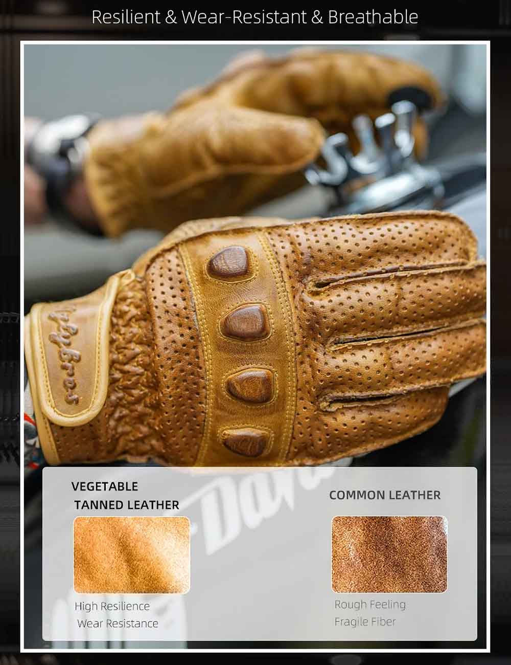 Retro Horsehide Motorcycle Gloves | Breathable Touchscreen Hard Knuckles for Spring Autumn - Image 3